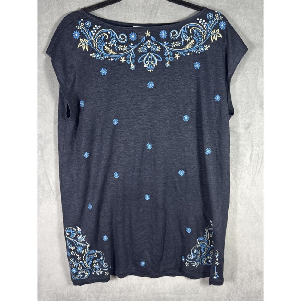 J Jill Love Linen Top Large Blue Floral Embroidered Short Sleeve Tunic Shirt